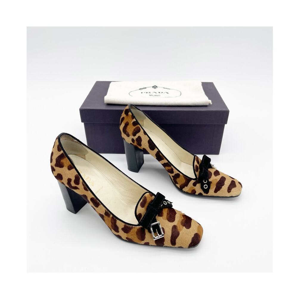 Prada Vintage Leopard Print Calf Hair Block Heel Pumps Bow Buckle Detail IT 37
